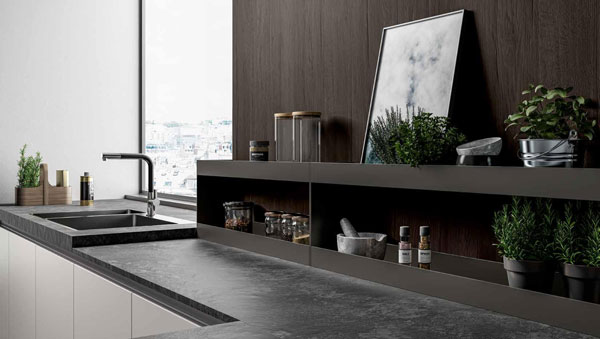 Arredo3 cucina Glass 2.0 05 dettaglio piano con mensole