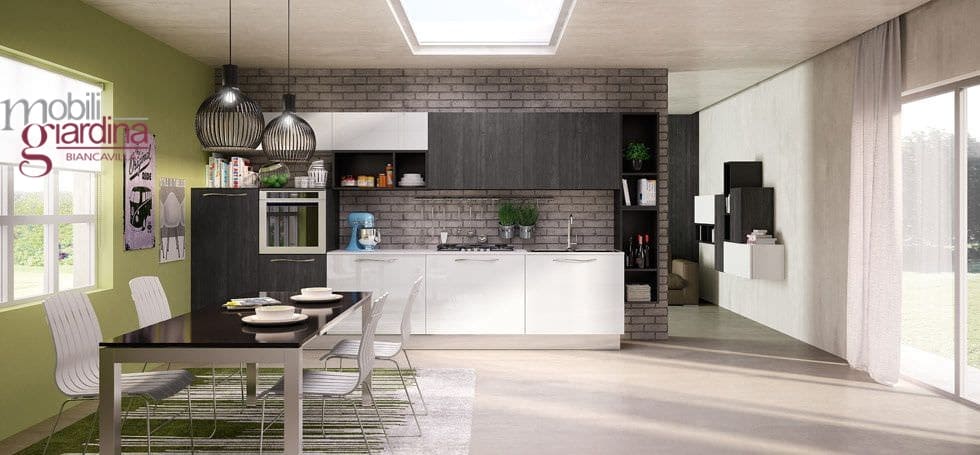 CUCINA BERLONI SUNNY bianca e grigia con tavolo e sedie da lontano