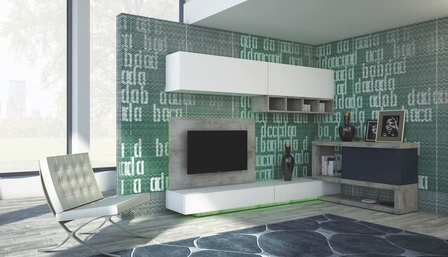 LIVING MODERNO ARTIGIANMOBILI VELVET sfondo verde parete attrezzata bianca