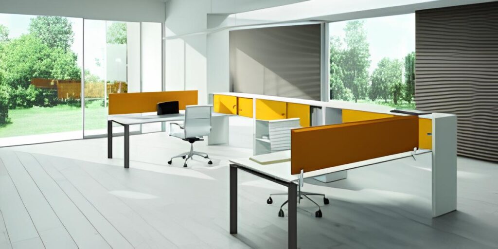 Colombini Uffici modello Loft tavolo giallo con sedie bianche