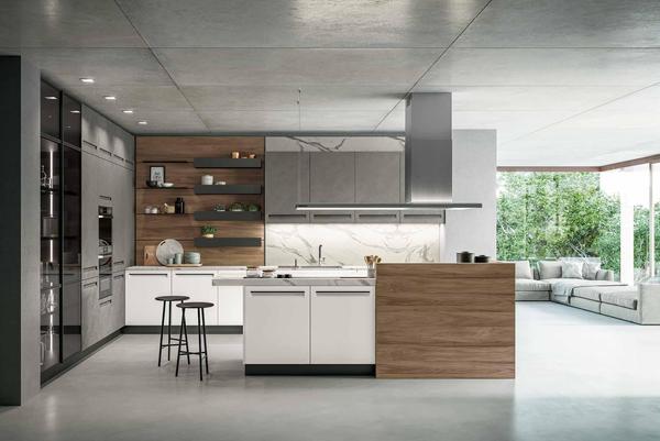 Arredo3 Cucina Tekna 01 isola centrale bianca e legno