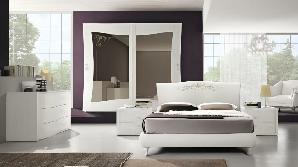 Artigianmobili camera da letto Melody bianca e viola con armadio a specchio