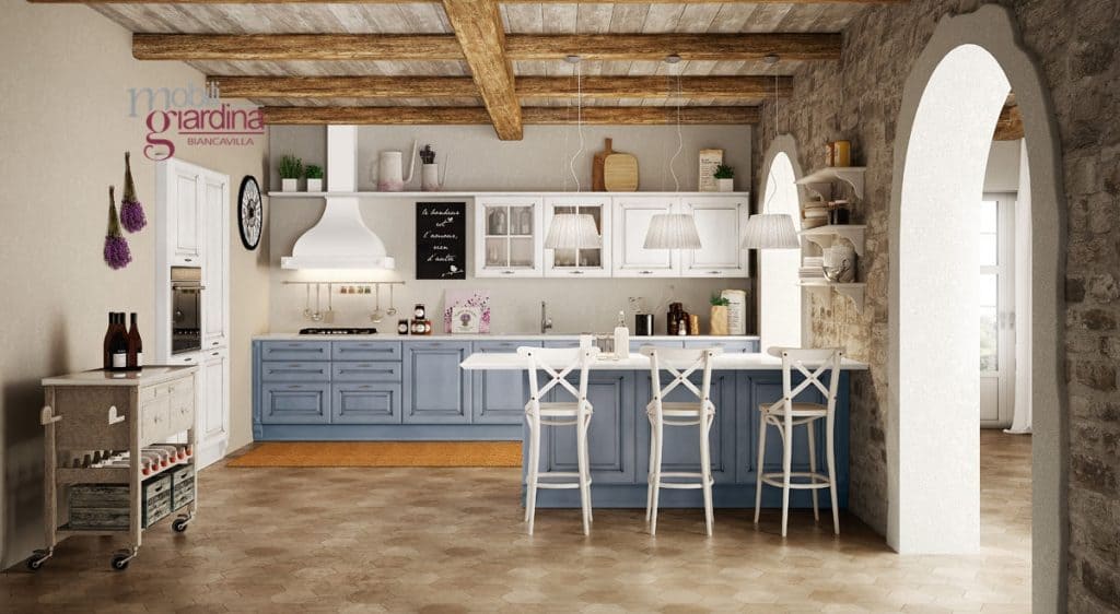 CUCINA CLASSICA BERLONI ATHENA bianca e blu con isola