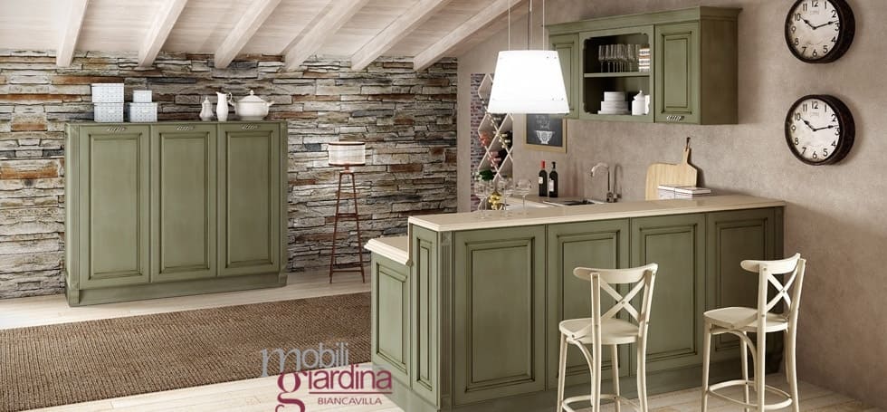 CUCINA CLASSICA BERLONI ATHENA verde con penisola ad angolo